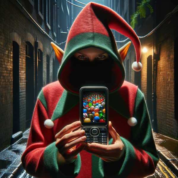 a_shady_Christmas_elf_in_an_alleyway_showing_a_picture_of_marbles_on_his_small_flip_phone.png